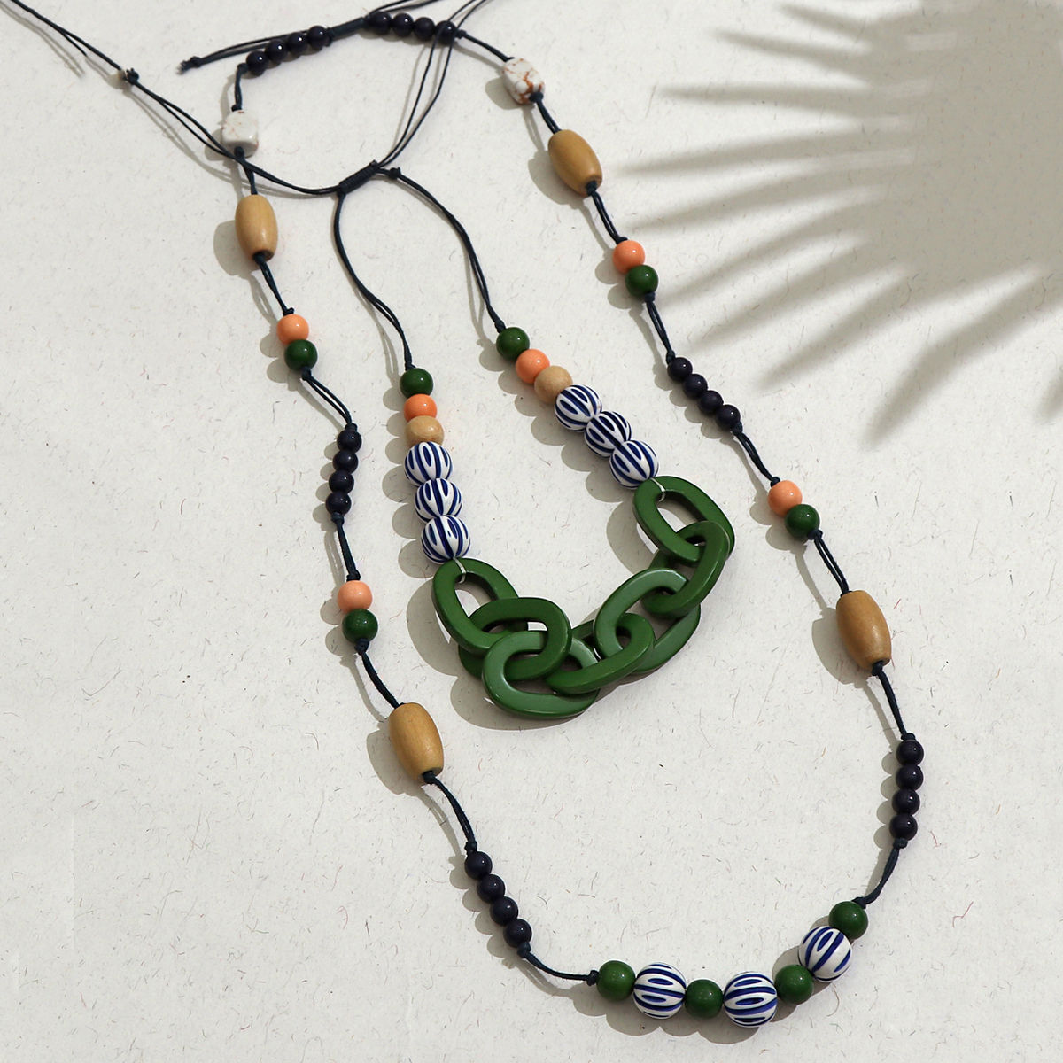 Green Double Layered Multi-Colour Beads & Link Chain Necklace