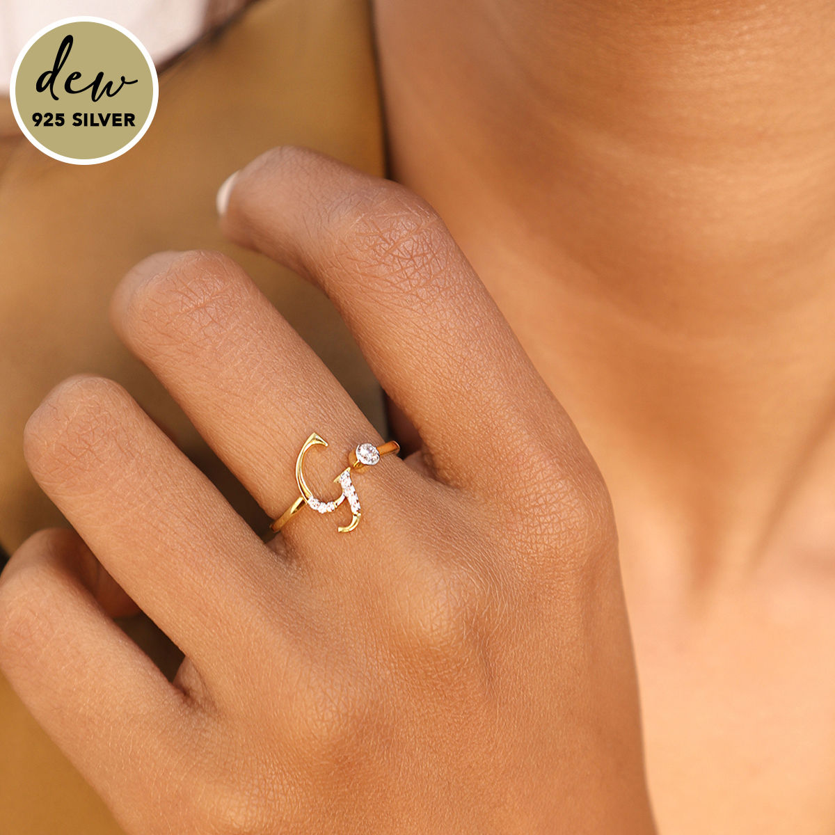 Gold-Plated 925 Sterling Silver Stone Studded Initial G Ring