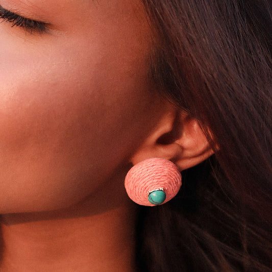 Dainty Black Textured Stud Earrings Embellished with Pink Stone