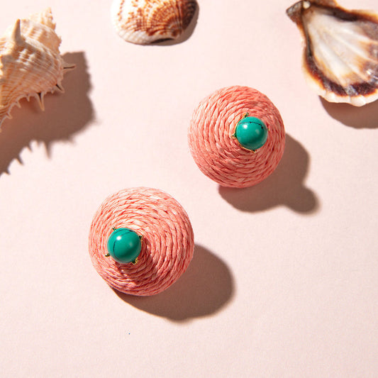 Dainty Black Textured Stud Earrings Embellished with Pink Stone