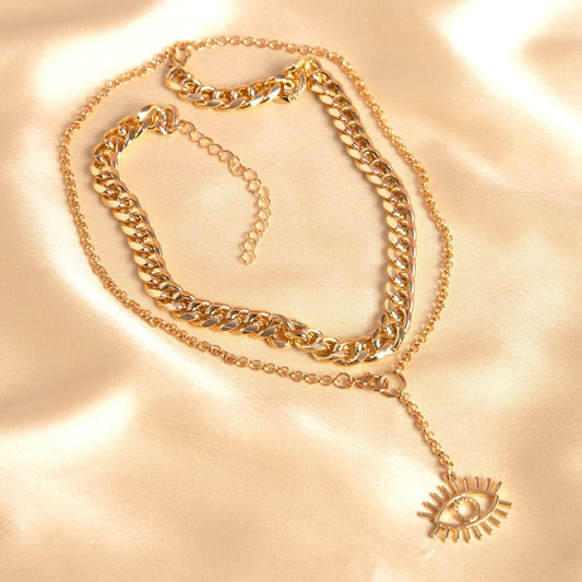 Gold Chain & Evil Eye Lariat Necklace Set