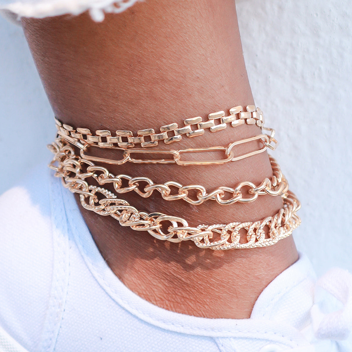 Gold Linked Multi Stack Charm Anklets (Pack of 4)