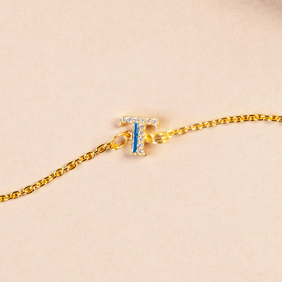 Blue CZ Studded T Initial Bracelet