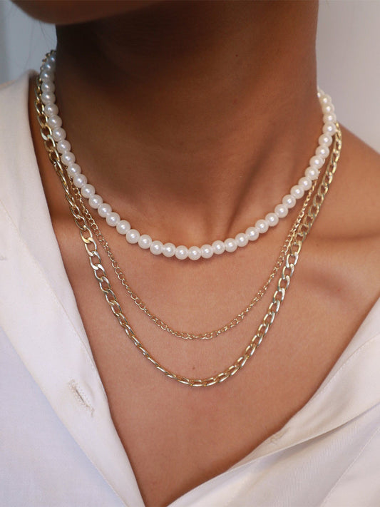 Statement Pearl and Gold Plated Layered Link Chain Necklace