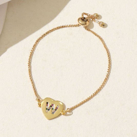 Gold Heart Multicolor W Initial Bracelet