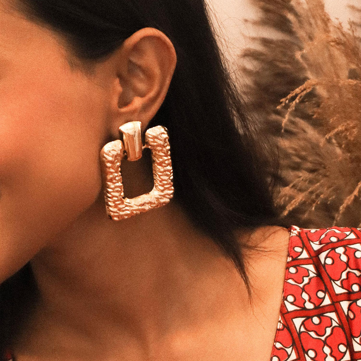 Gold Rectangular Dangler Earrings