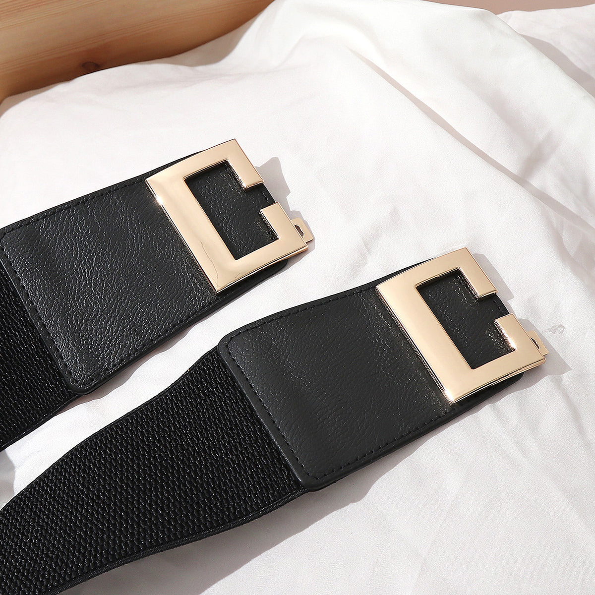 Classic Black Wide Faux Leather Rectangular Interlock Belt