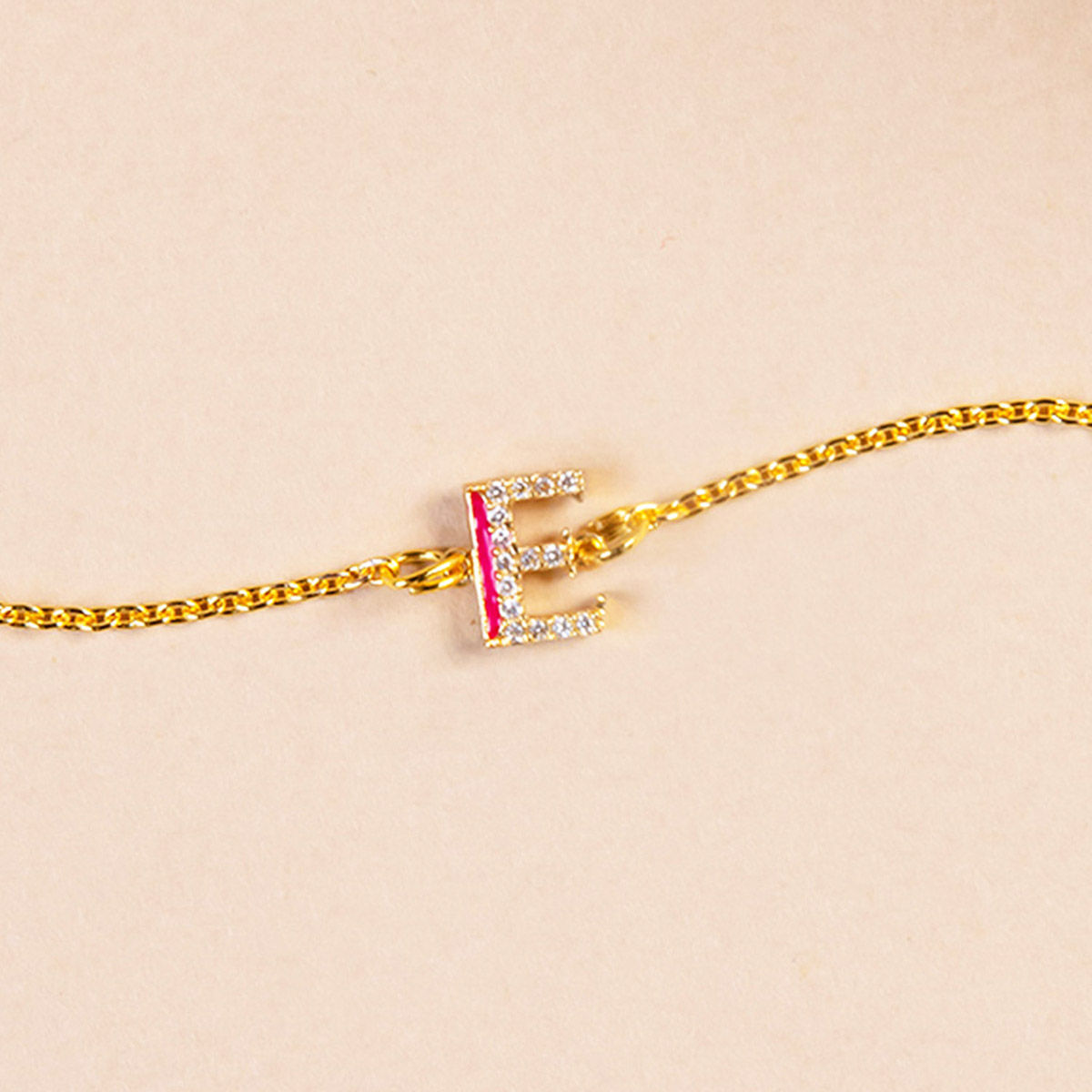 Pink CZ Studded E Initial Bracelet