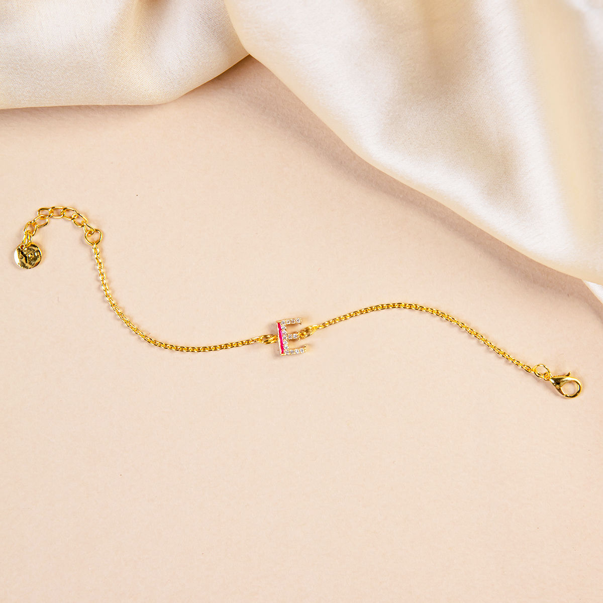 Pink CZ Studded E Initial Bracelet