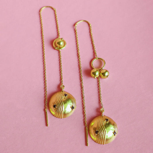 Contemporary Gold Toned Round Danglers with Dangle Beads
