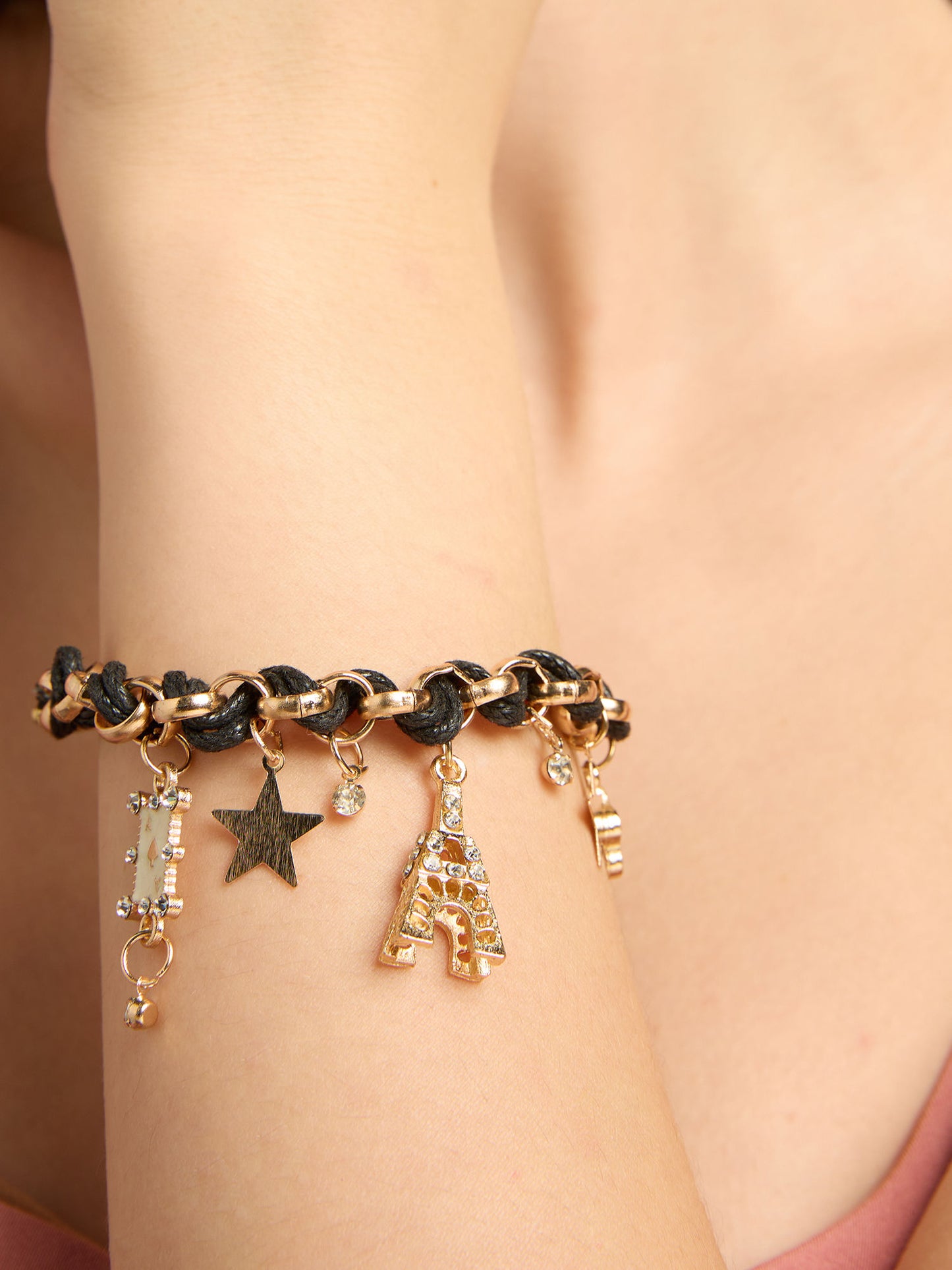Gold Plated Charm Bracelet with Black Thread