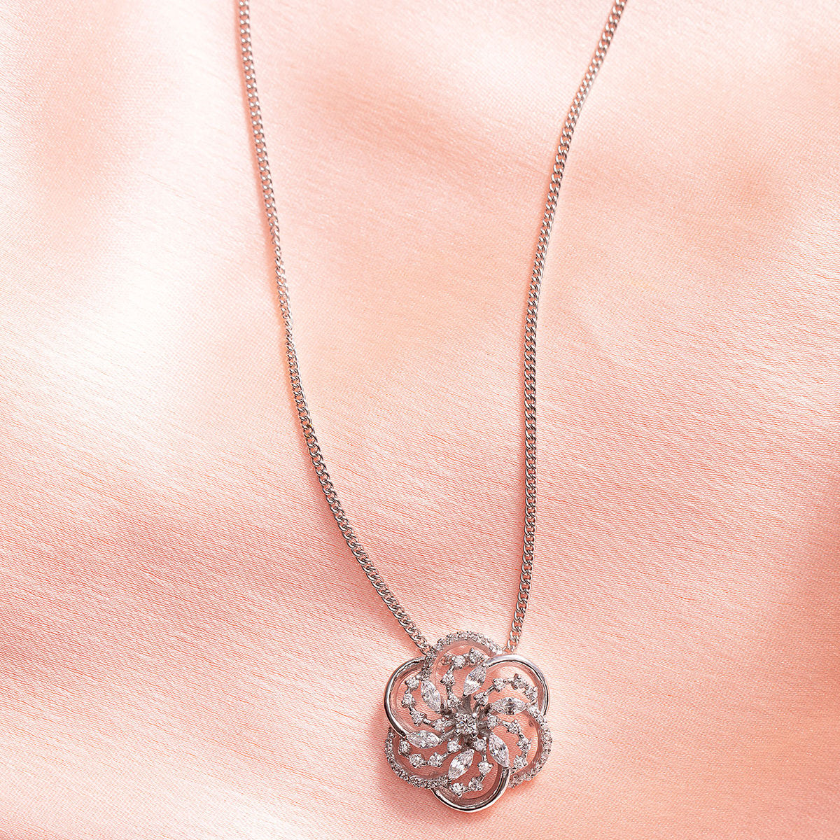 Silver-plated 925 Sterling Silver CZ-Stone Studded Floral Necklace