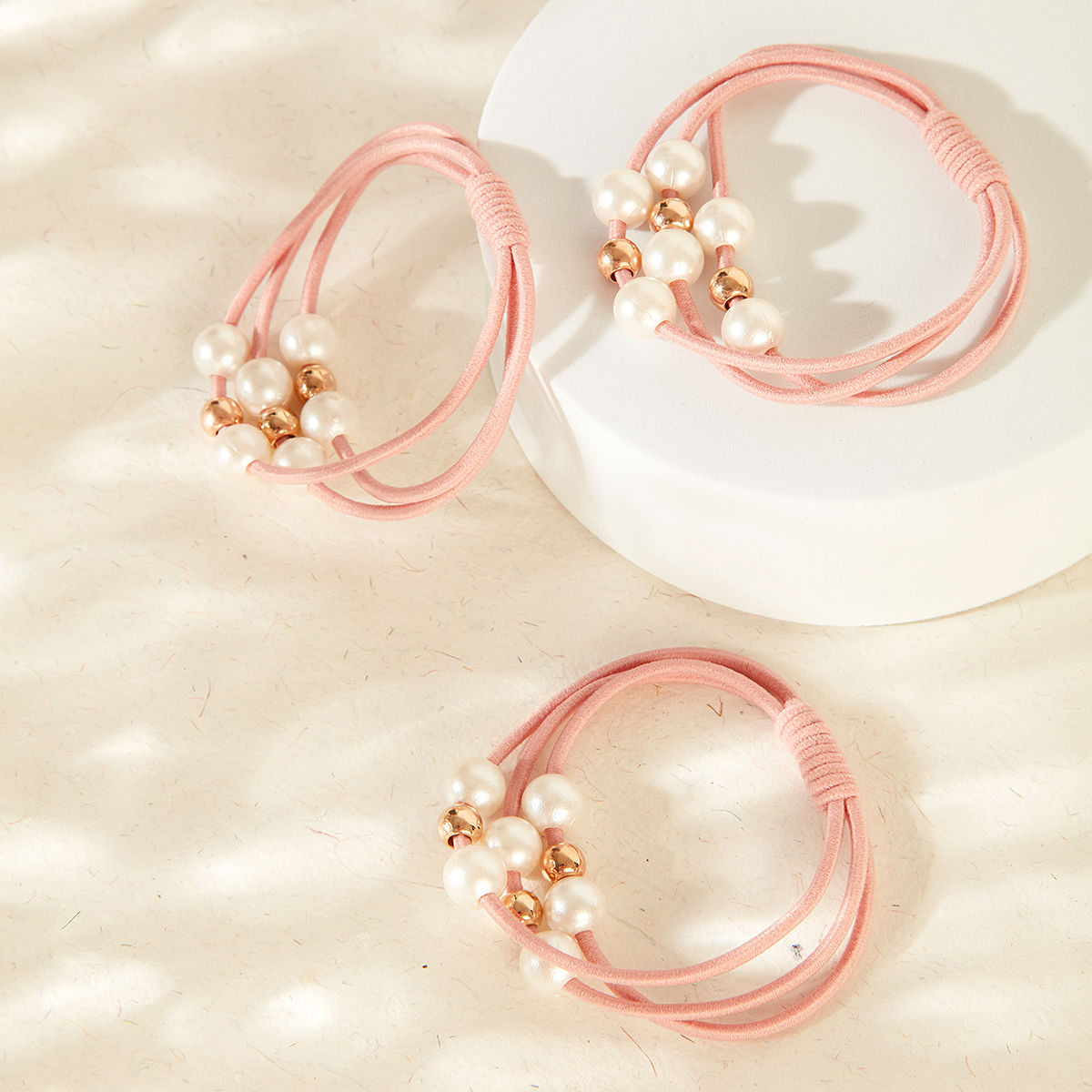 SET OF 3 CONTEMPORARY PEARLS STUDDED PINK HAIR TIES