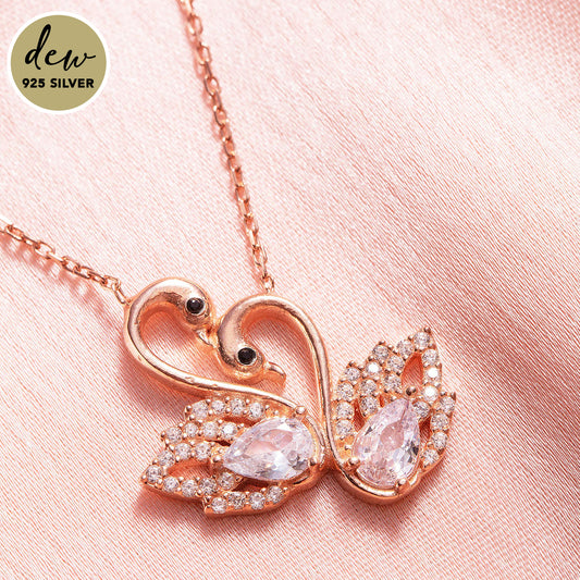 Dew by PB Sterling Silver Rose Gold Plated Stone Studded Couple Swan Pendant Necklace