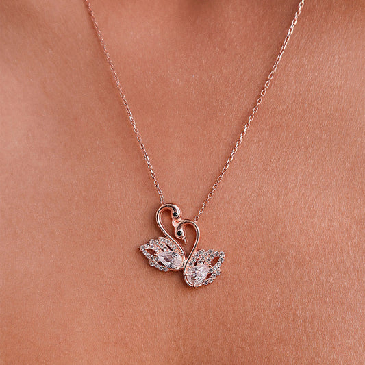 Dew by PB Sterling Silver Rose Gold Plated Stone Studded Couple Swan Pendant Necklace