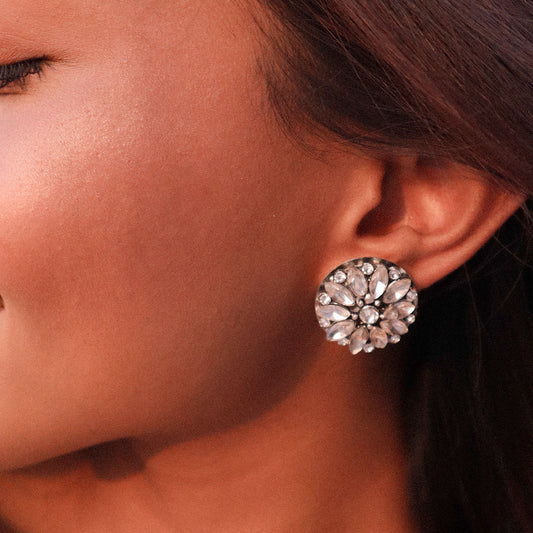 Statement Mirror & Stone Embellished White Stud Earrings