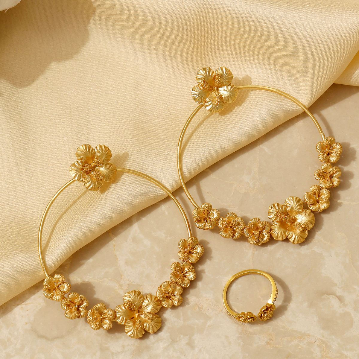 Chic Statement Floral Open Ring and Hoop Earrings Set
