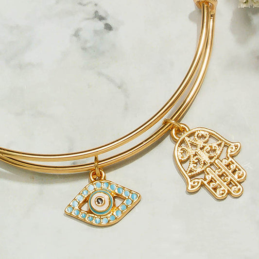 Gold Plated Bracelet With Blue Toned Evil Eye And Hamza