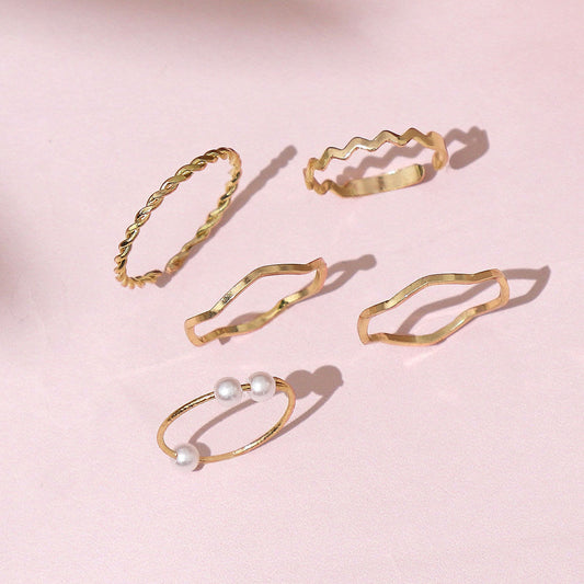Gold & Pearl Minimal Ring Set of 4
