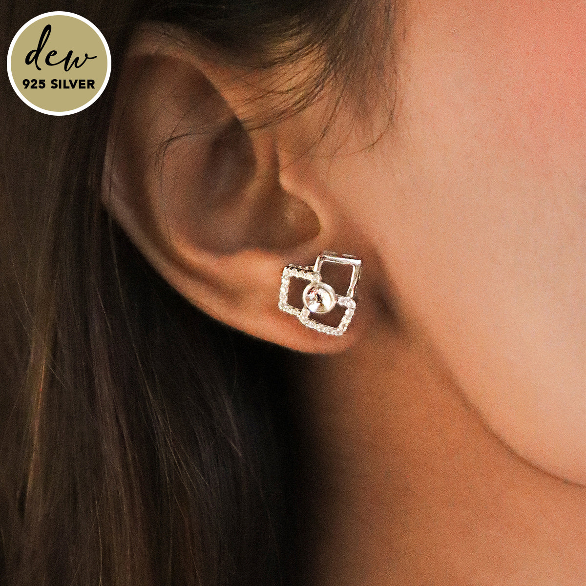 Dew by PB Silver-plated 925 Sterling Silver Stone Studded Square Trio Stud Earrings