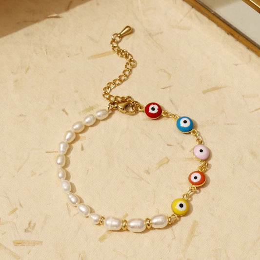 Dainty Multi-Color Evil Eye & Pearl Bracelet